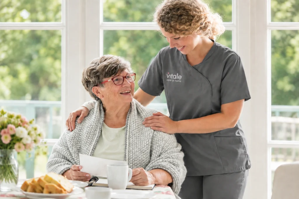 A Vitale Care professional with an elderly lady in her home